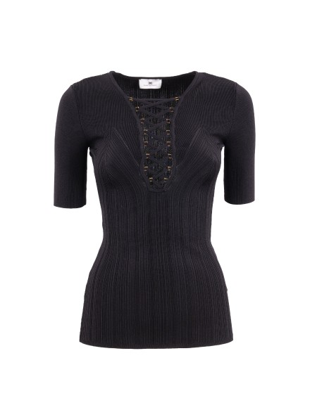 Shop ELISABETTA FRANCHI  Maglia: Elisabetta Franchi top in maglia con lacci criss-cross.
Top in maglia lavorata a coste con maniche sopra il gomito. 
Si distingue per i lacci incrociati sul busto, ispirati al mondo della corsetteria e rifiniti con anelle squadrate in metallo dorato. Etichetta applicata sul retro.
Vestibilità aderente.
Composizione: 51%Poliammide 49%Viscosa.
Fabbricato in Italia.. MK57B52E2-110